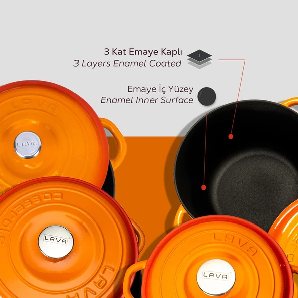 Lava Döküm 4X New Heritage Serisi Döküm Demir Tencere Seti  Turuncu - Resim 6