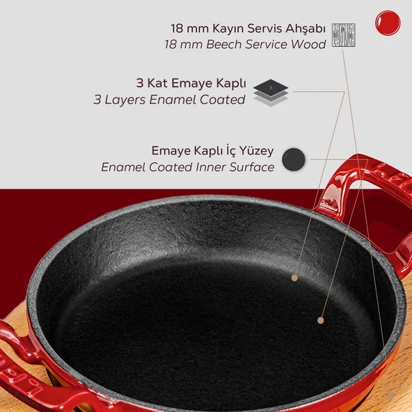 Lava Döküm Yuvarlak Sahan Döküm Demir Yekpare Çift Kulplu Kayın Servis Ahşabı. Çap(Ø)16cm.  Kırmızı - 6