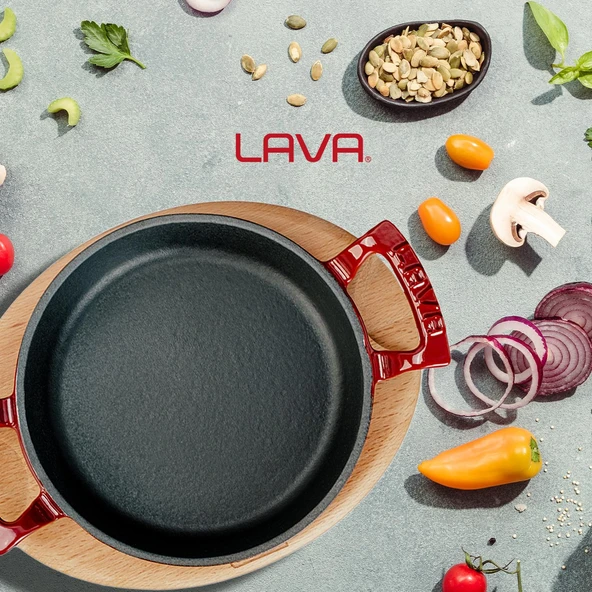 Lava Döküm Yuvarlak Sahan Döküm Demir Yekpare Çift Kulplu Kayın Servis Ahşabı. Çap(Ø)20cm.  Kırmızı - Resim 7