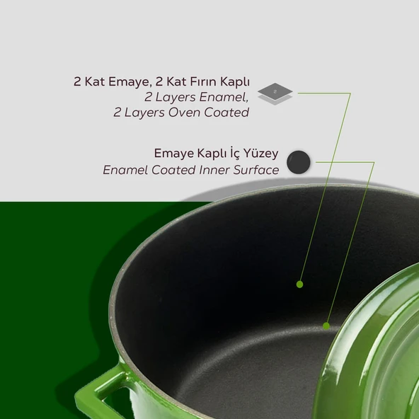 Lava Döküm Yuvarlak Tencere. Trendy Çap(Ø)28cm.  Yeşil - Resim 6