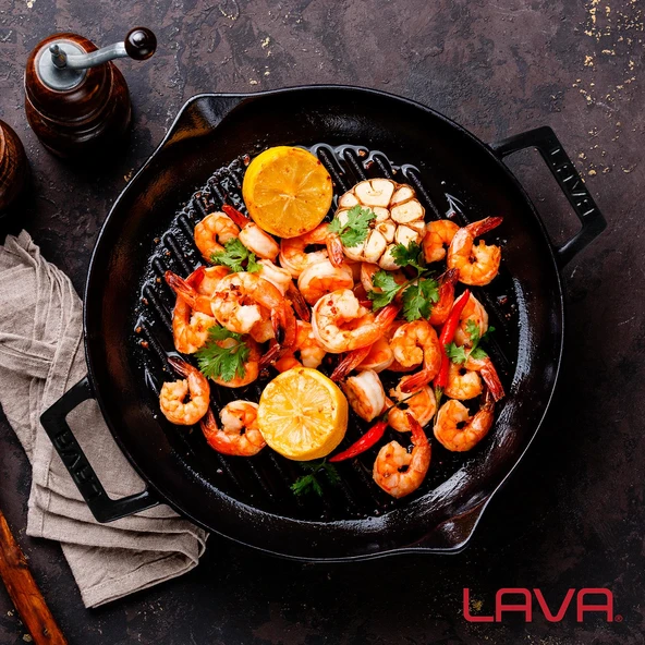 Lava Döküm Yuvarlak Izgara Tavası Cam Kapaklı Döküm Demir Yekpare Çift Kulplu Çap(Ø)30cm. - Resim 5