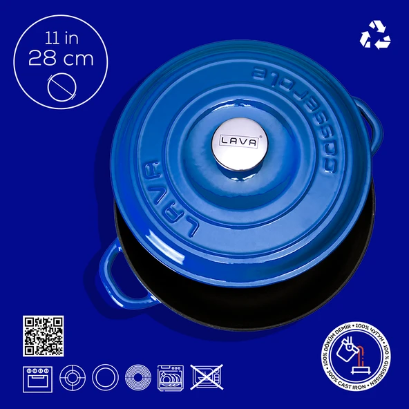 Lava Döküm Yuvarlak Çok Amaçlı Yayvan Tencere New Heritage Serisi Çap(Ø)28cm.  Mavi - Resim 4
