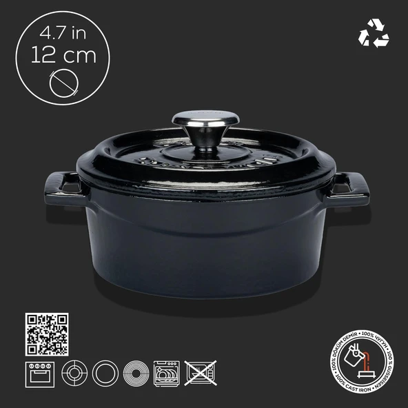 Lava Döküm Yuvarlak Tencere. Trendy Çap(Ø) 12cm.  Siyah - Resim 3