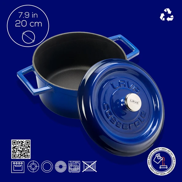 Lava Döküm Yuvarlak Tencere. Trendy Çap(Ø)20cm.  Mavi - Resim 4
