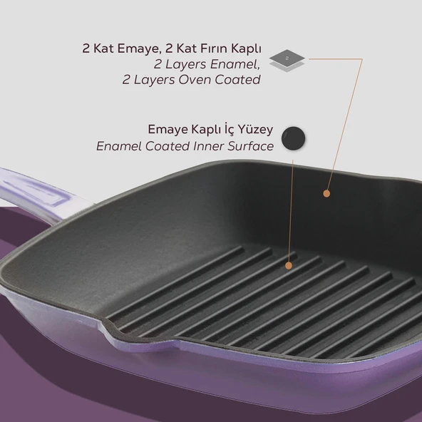 Lava Döküm Kare Izgara Tava Döküm Demir Yekpare Saplı Ölçü 28x28cm.  Mor - Resim 5