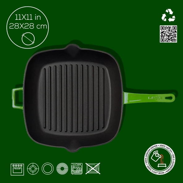 Lava Döküm Kare Izgara Tava Döküm Demir Yekpare Saplı Ölçü 28x28cm.  Yeşil - Resim 3