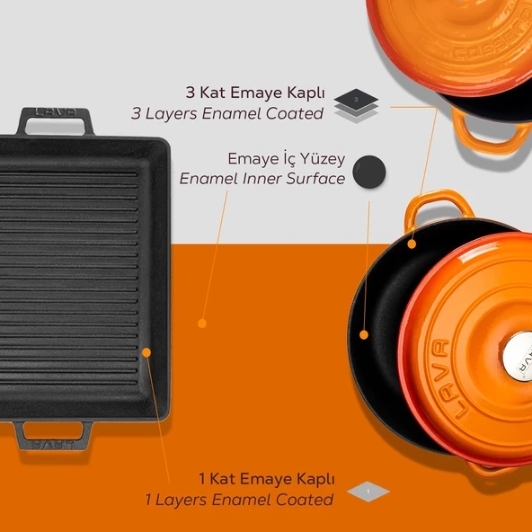 Lava Döküm 6X New Heritage Serisi Döküm Demir Tencere Tava Çeyiz Seti  Turuncu - 7