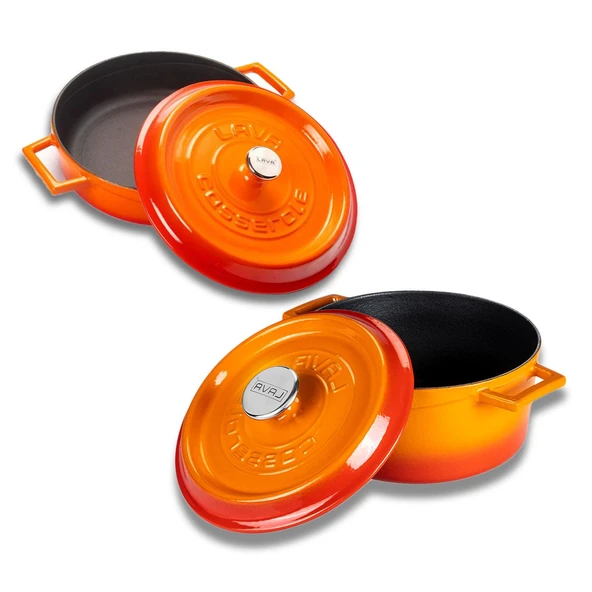Lava Döküm Yuvarlak Derin ve Sığ 5 Parça Tencere Seti  Turuncu - Resim 4