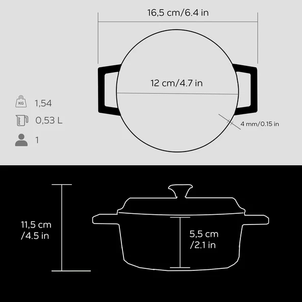 Lava Döküm Yuvarlak Tencere. Trendy Çap(Ø) 12cm.  Siyah - Resim 4