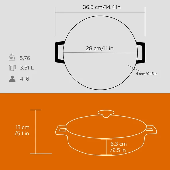 Lava Döküm Çok Amaçlı Yayvan Tencere. Folk Serisi Çap(Ø)28cm.  Turuncu - Resim 5
