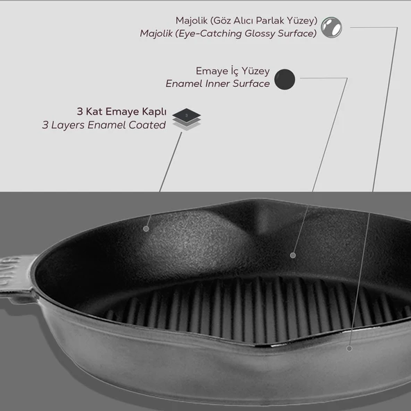 Lava Döküm Yuvarlak Izgara Tavası Döküm Demir Yekpare Saplı Premium Serisi. Çap(Ø)28cm.  Gri - 6