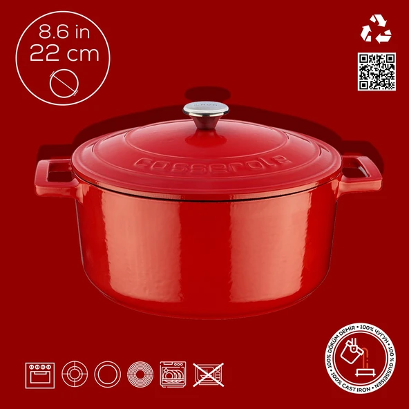 Lava Döküm Yuvarlak Tencere. Folk Çap(Ø) 22cm.  Kırmızı - Resim 4