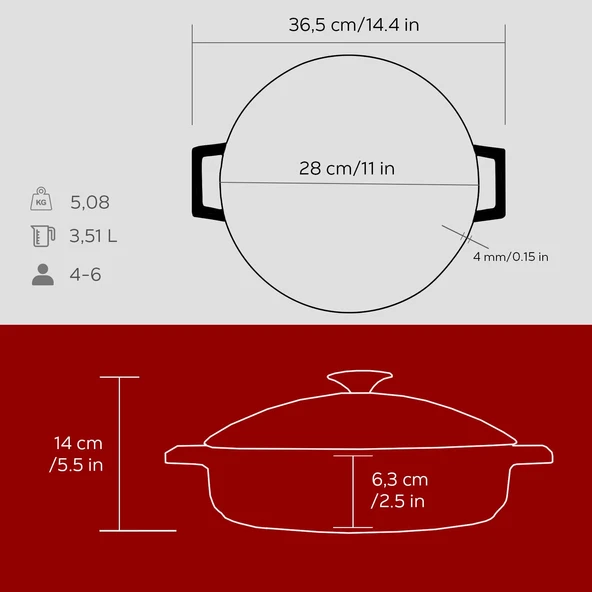 Lava Döküm Çok Amaçlı Yayvan Tencere. Glaze Serisi Çap(Ø)28cm. Kırmızı - 5