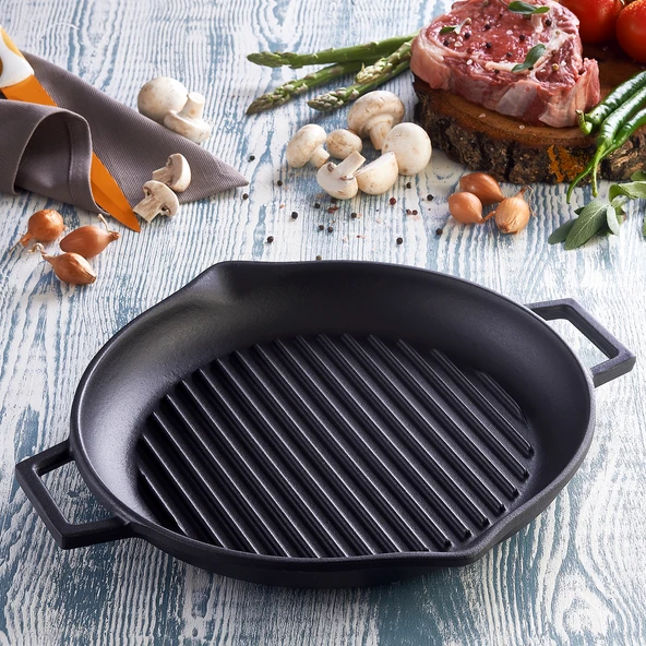 Lava Döküm Yuvarlak Izgara Tavası Döküm Demir Yekpare Çift Kulplu Çap(Ø)30cm. - Resim 7