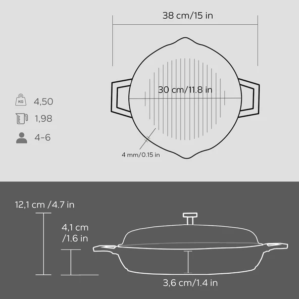 Lava Döküm Yuvarlak Izgara Tavası Cam Kapaklı Döküm Demir Yekpare Çift Kulplu Çap(Ø)30cm. - Resim 3