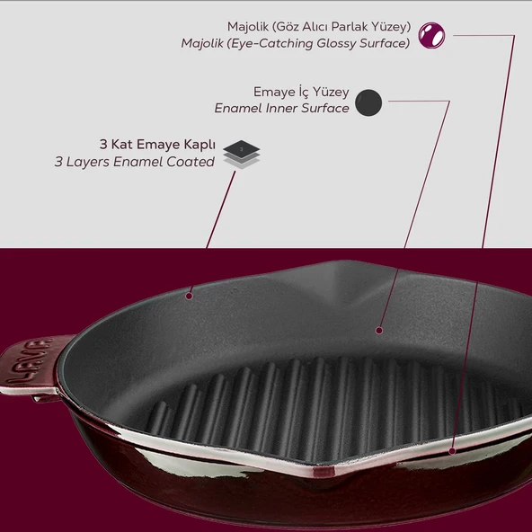 Lava Döküm Yuvarlak Izgara Tavası Döküm Demir Yekpare Saplı Premium Serisi. Çap(Ø)28cm.  Mor - Resim 6
