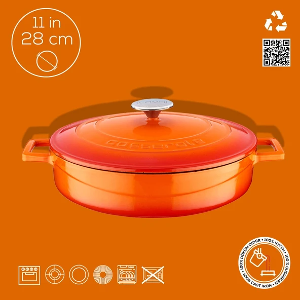 Lava Döküm Çok Amaçlı Yayvan Tencere. Folk Serisi Çap(Ø)28cm.  Turuncu - Resim 4