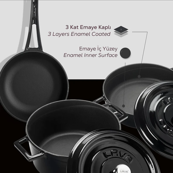 Lava Döküm 3x Trendy Serisi 6 Parça Tencere & Tava Seti  Siyah - Resim 5