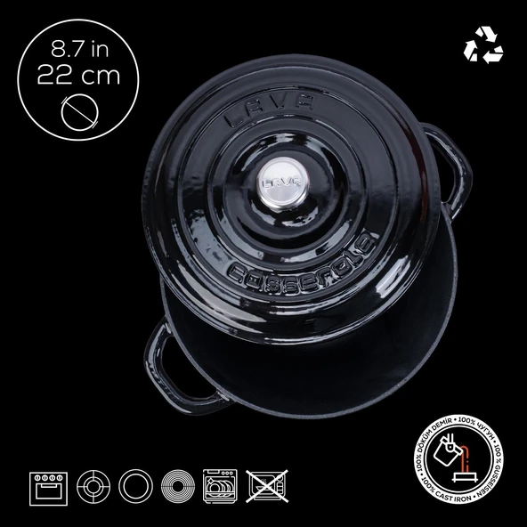 Lava Döküm Yuvarlak Tencere Döküm Demir Kapak New Heritage Serisi Çap(Ø)22cm.  Siyah - Resim 4