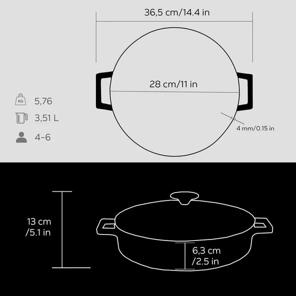 Lava Döküm Çok Amaçlı Yayvan Tencere. Folk Serisi Çap(Ø)28cm.  Siyah - Resim 5