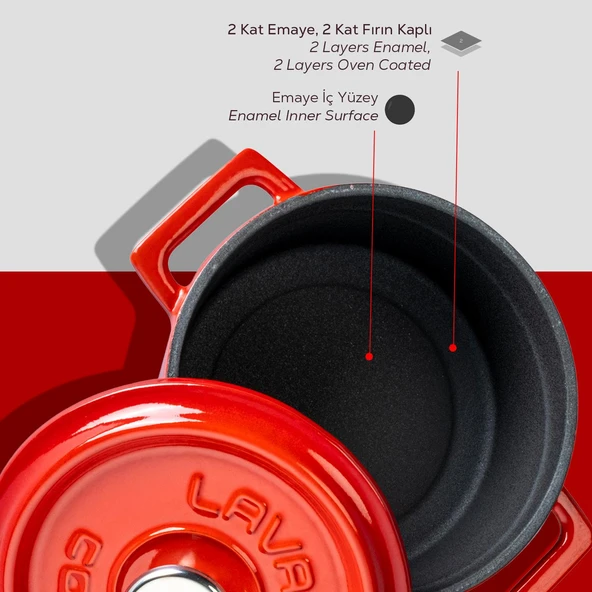 Lava Döküm Yuvarlak Tencere. Trendy Çap(Ø) 12cm.  Kırmızı - Resim 5