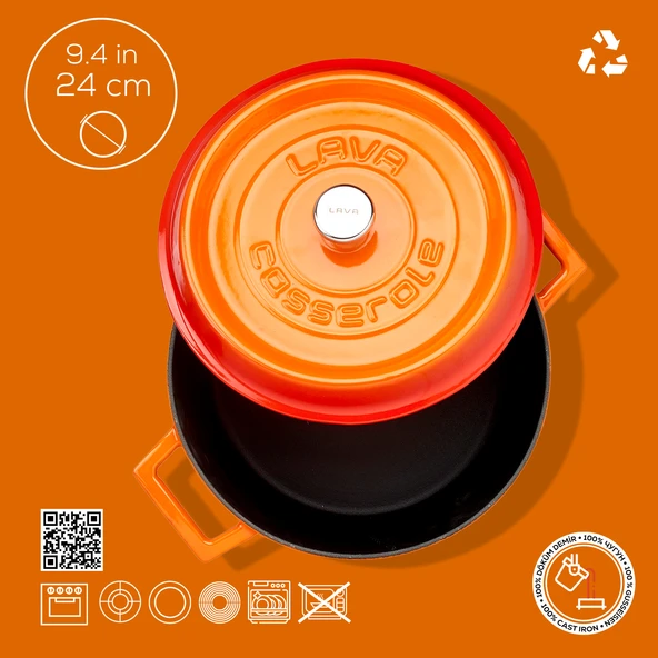 Lava Döküm Yuvarlak Tencere. Trendy Çap(Ø) 24cm.  Turuncu - Resim 4