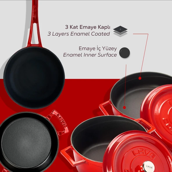 Lava Döküm 4x Trendy Serisi 7 Parça Tencere & Tava Seti  Kırmızı - Resim 5