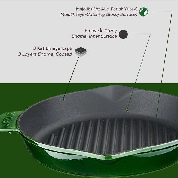 Lava Döküm Yuvarlak Izgara Tavası Döküm Demir Yekpare Saplı Premium Serisi. Çap(Ø)28cm.  Yeşil - Resim 6