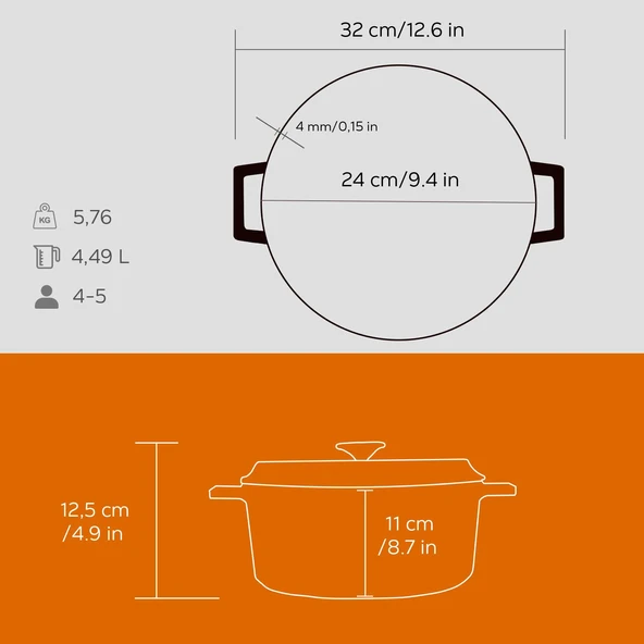 Lava Döküm Yuvarlak Tencere. Trendy Çap(Ø) 24cm.  Turuncu - Resim 5
