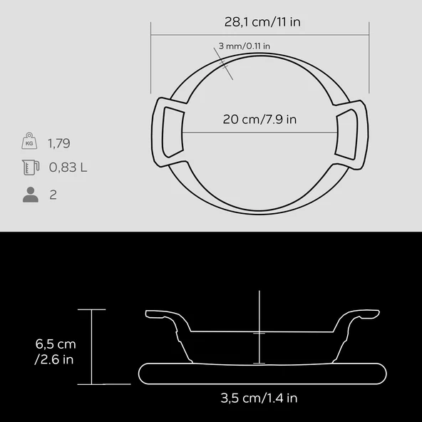 Lava Döküm Yuvarlak Sahan Döküm Demir Yekpare Çift Kulplu Kayın Servis Ahşabı. Çap(Ø)20cm.  Siyah - Resim 5