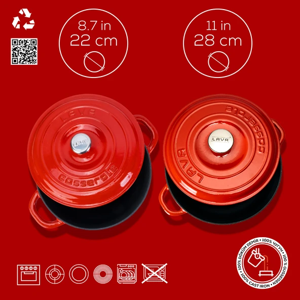 Lava Döküm 2X New Heritage Serisi Döküm Demir Tencere Tava Seti  Kırmızı - Resim 6