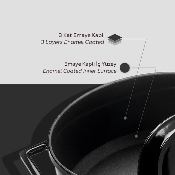 Lava Döküm Yuvarlak Tencere. Folk Çap(Ø) 22cm.  Siyah - Resim 6