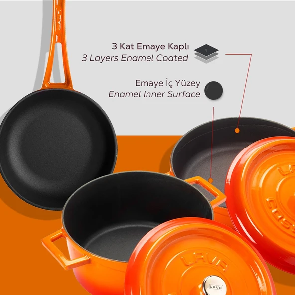 Lava Döküm 3x Trendy Serisi 6 Parça Tencere & Tava Seti  Turuncu - 5