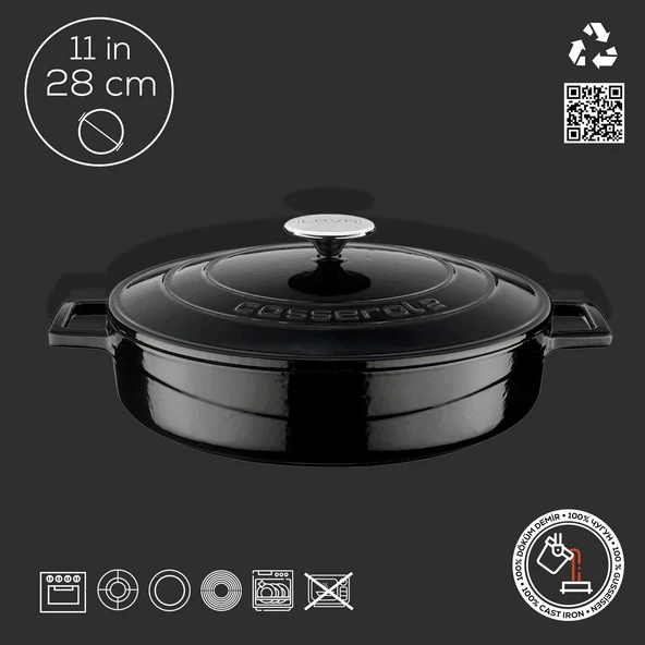 Lava Döküm Çok Amaçlı Yayvan Tencere. Folk Serisi Çap(Ø)28cm.  Siyah - Resim 4