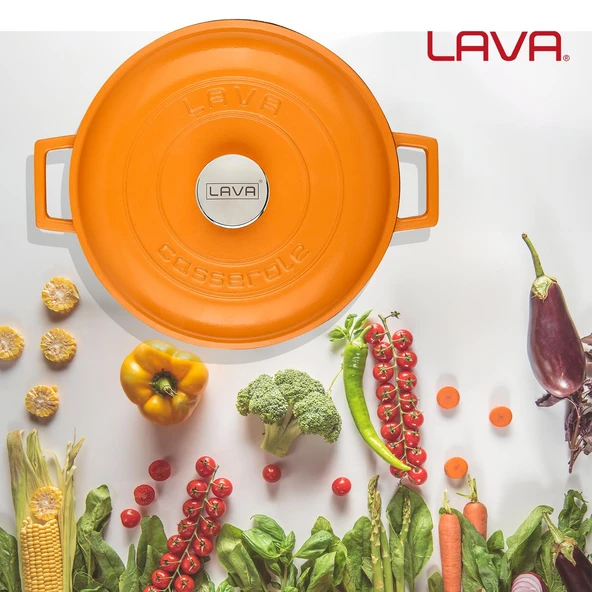 Lava Döküm Çok Amaçlı Yayvan Tencere Döküm Demir Kubbe Form Kapak Spring Serisi Çap(Ø)28cm.  Turuncu - 7