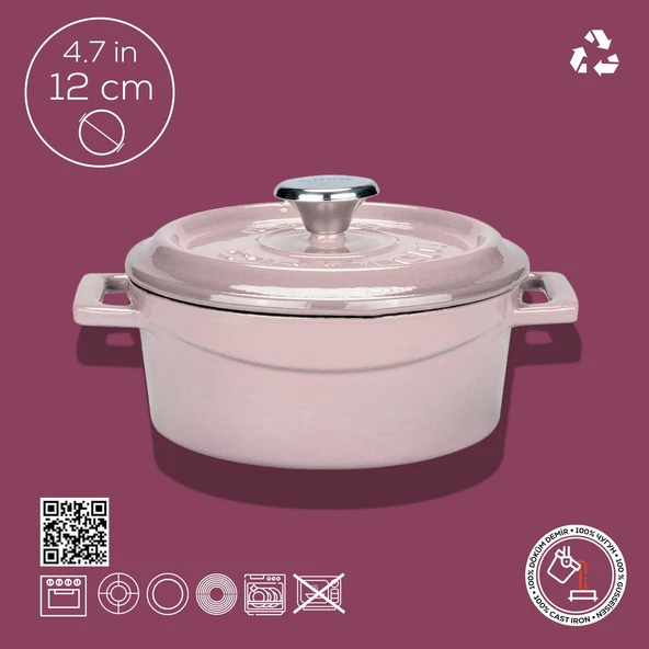 Lava Döküm Yuvarlak Tencere. Trendy Çap(Ø) 12cm.  Pembe - Resim 5