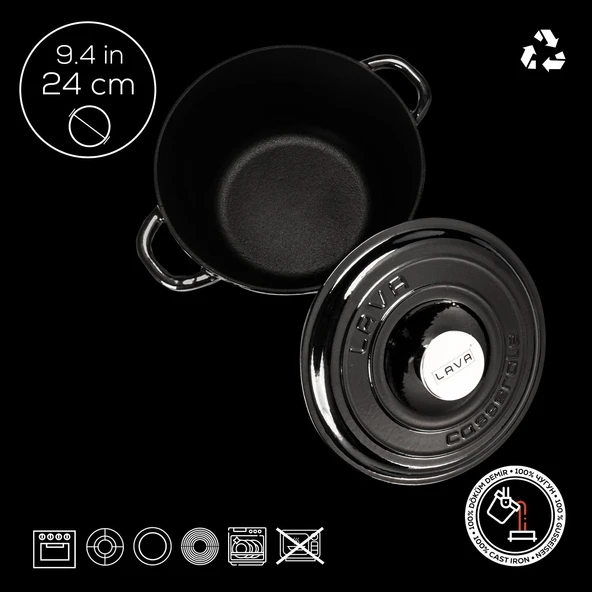 Lava Döküm Yuvarlak Tencere Döküm Demir Kapak New Heritage Serisi Çap(Ø)24cm.  Siyah - 4