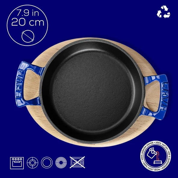 Lava Döküm Yuvarlak Sahan Döküm Demir Yekpare Çift Kulplu Kayın Servis Ahşabı. Çap(Ø)20cm.  Mavi - Resim 4