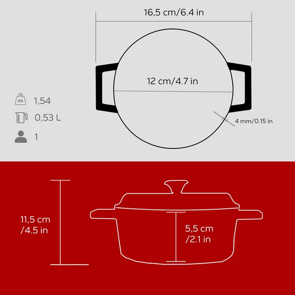 Lava Döküm Yuvarlak Tencere. Trendy Çap(Ø) 12cm.  Kırmızı - Resim 4