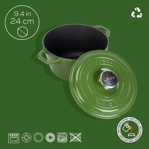 Lava Döküm Yuvarlak Tencere Döküm Demir Kapak New Heritage Serisi Çap(Ø)24cm.  Yeşil - 4