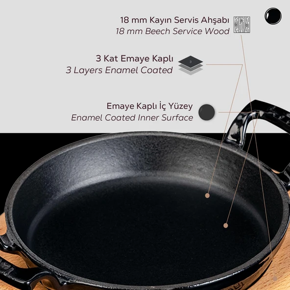 Lava Döküm Yuvarlak Sahan Döküm Demir Yekpare Çift Kulplu Kayın Servis Ahşabı. Çap(Ø)20cm.  Siyah - Resim 6