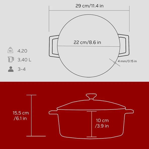 Lava Döküm Yuvarlak Tencere. Folk Çap(Ø) 22cm.  Kırmızı - Resim 5