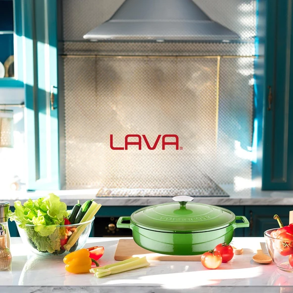 Lava Döküm Çok Amaçlı Yayvan Tencere. Folk Serisi Çap(Ø)28cm.  Yeşil - Resim 7