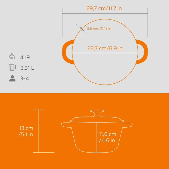 Lava Döküm Yuvarlak Tencere Döküm Demir Kapak New Heritage Serisi Çap(Ø)22cm.  Turuncu - Resim 5