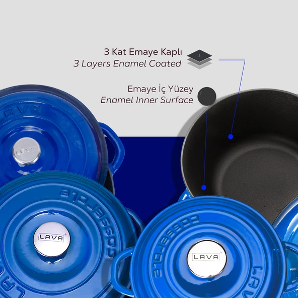 Lava Döküm 4X New Heritage Serisi Döküm Demir Tencere Seti  Mavi - 6