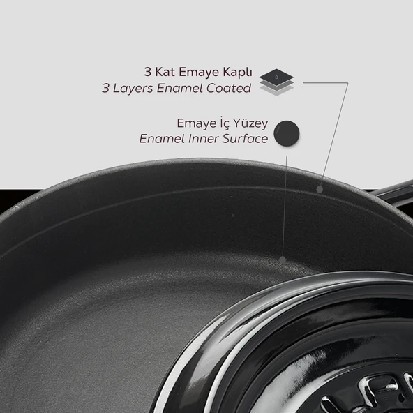 Lava Döküm Çok Amaçlı Yayvan Tencere. Trendy Serisi Çap(Ø)24cm.  Siyah - Resim 6