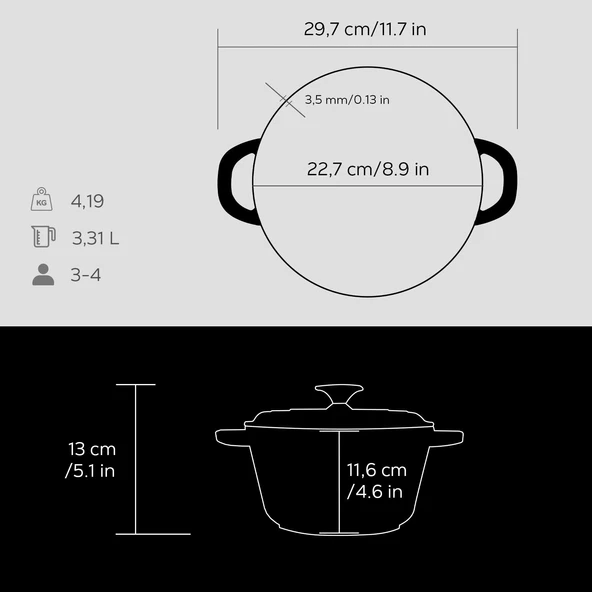 Lava Döküm Yuvarlak Tencere Döküm Demir Kapak New Heritage Serisi Çap(Ø)22cm.  Siyah - Resim 5