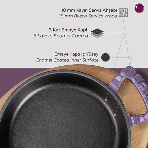 Lava Döküm Yuvarlak Sahan Döküm Demir Yekpare Çift Kulplu Kayın Servis Ahşabı. Çap(Ø)20cm.  Mor - 6