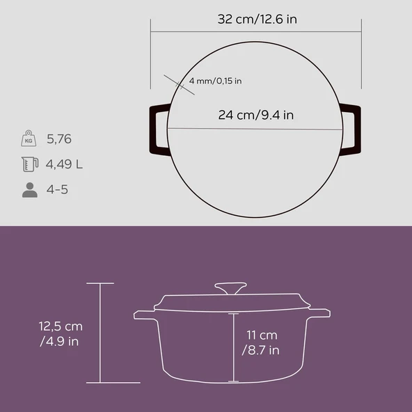 Lava Döküm Yuvarlak Tencere. Trendy Çap(Ø) 24cm.  Mor - Resim 5