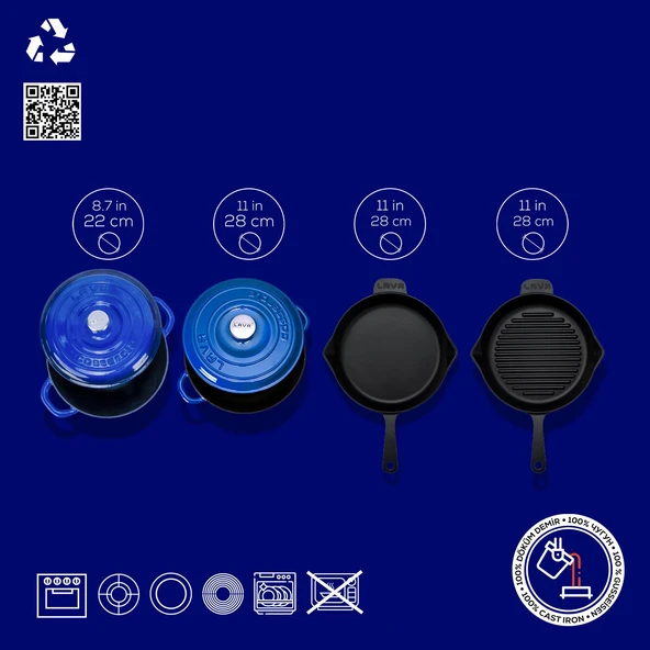 Lava Döküm 4X New Heritage Serisi Döküm Demir Tencere Tava Çeyiz Seti Mavi - 4